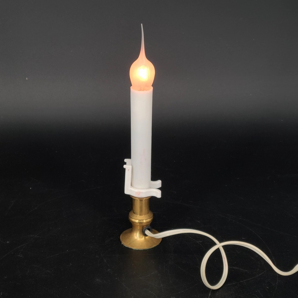 Vintage 7" Electric Candle Light Lamp, Brass Base, Flame Bulb w/ Window Clip